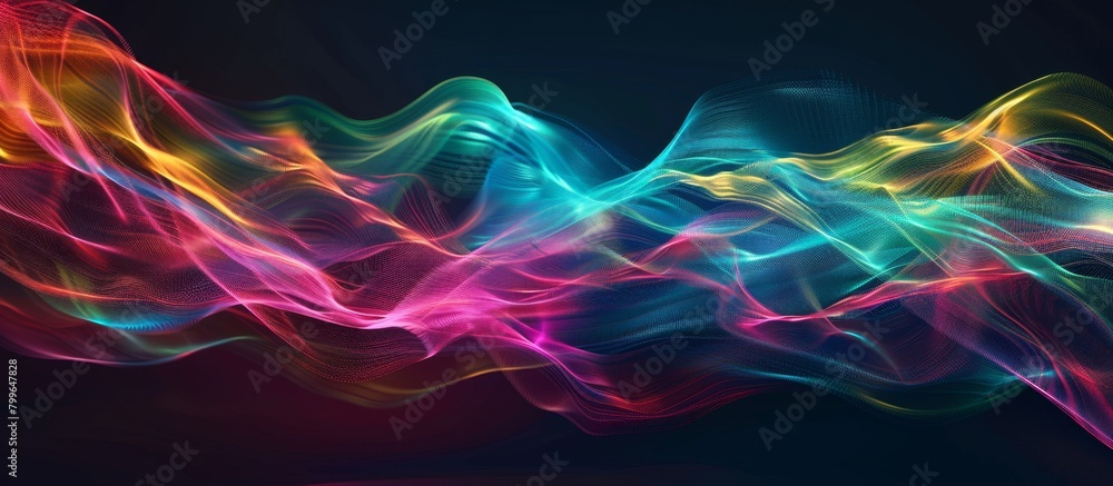 Poster Vibrant hues of light forming a wave pattern against a background of deep black, creating a visually striking and dynamic display