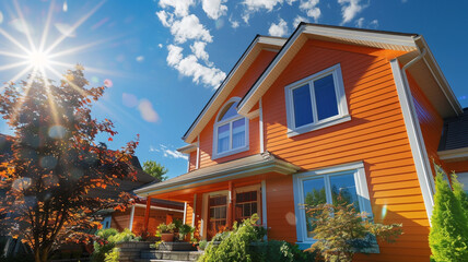 An opulent orange house with siding, radiating warmth and charm within its suburban setting, under a sunny sky.