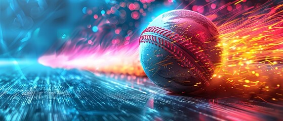 A vividly colored backdrop depicting a lively cricket ball with digital effects of fire, radiates, and blue conveys the volume of the game and space, Generative AI.