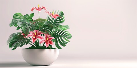 
Flowers in a planter, 3D, monstera, childish style, on a white background,