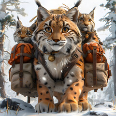 A 3D animated cartoon render of a lynx leading lost travelers.