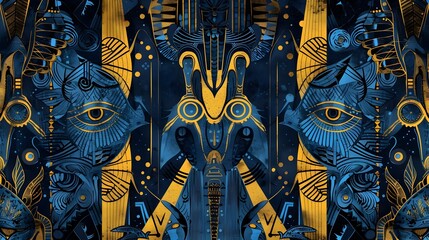 Stylized Egyptian Ankhs Snakes and Pyramids Compose a Mystical Pattern with Azure Saffron and Ebony Hues