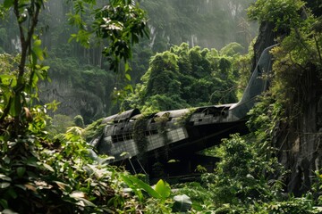 A hidden hangar deep within a mountain, its entrance concealed by rugged terrain and dense foliage,...