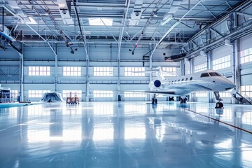 A high-tech hangar with advanced robotics and automated systems, waiting for the next generation of...