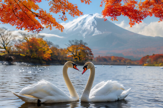 Couple of swans in river mountain and meple tree