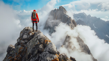 Obraz premium High mountain peak and climber reaching the summit achievement..