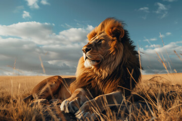 Lion portrait on savanna sky background.