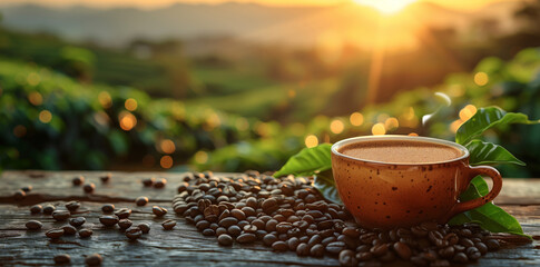 Morning Coffee on Wooden Table Overlooking Sunrise. Serene scene of a steaming coffee cup on an old wooden table with a sunrise backdrop, amidst a verdant coffee plantation.