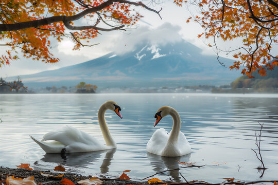 Couple of swans in the river on fuji mountain background,Autumn meple tree..