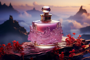 opulent perfume, on a hill during sunrise, with morning mist, uplifting mood, neon purple light