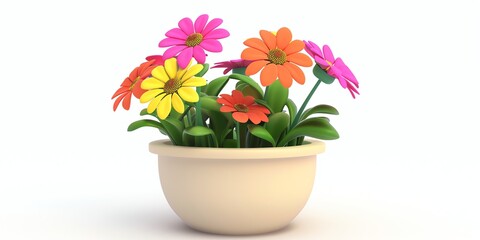 Fototapeta premium Flowers in a planter, 3D, childish style, on a white background, aspect ratio 2:1
