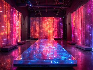 Futuristic visual stage art, a huge holographic screen displaying dynamic abstract patterns and...
