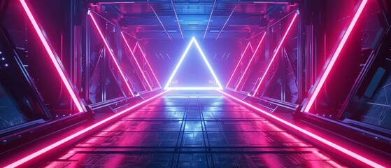 Sci-fi rectangular tunnel with neon triangle sign concept background. Futuristic spaceship metal...