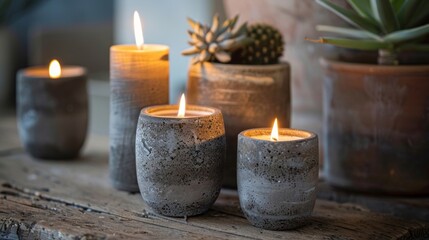 As the candles burn the wax drips and creates intricate patterns on the surface of the concrete holders adding to their rugged charm. 2d flat cartoon.