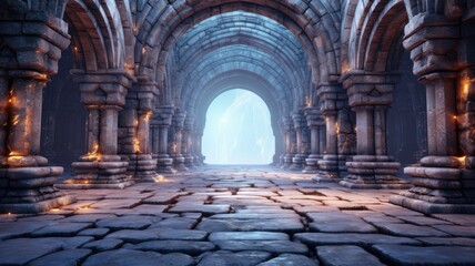 Naklejka premium Ethereal Holographic Archways in Ancient Corridor