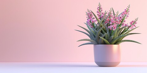 Flowers in a planter, 3D, aloe vera, childish style, on a white background