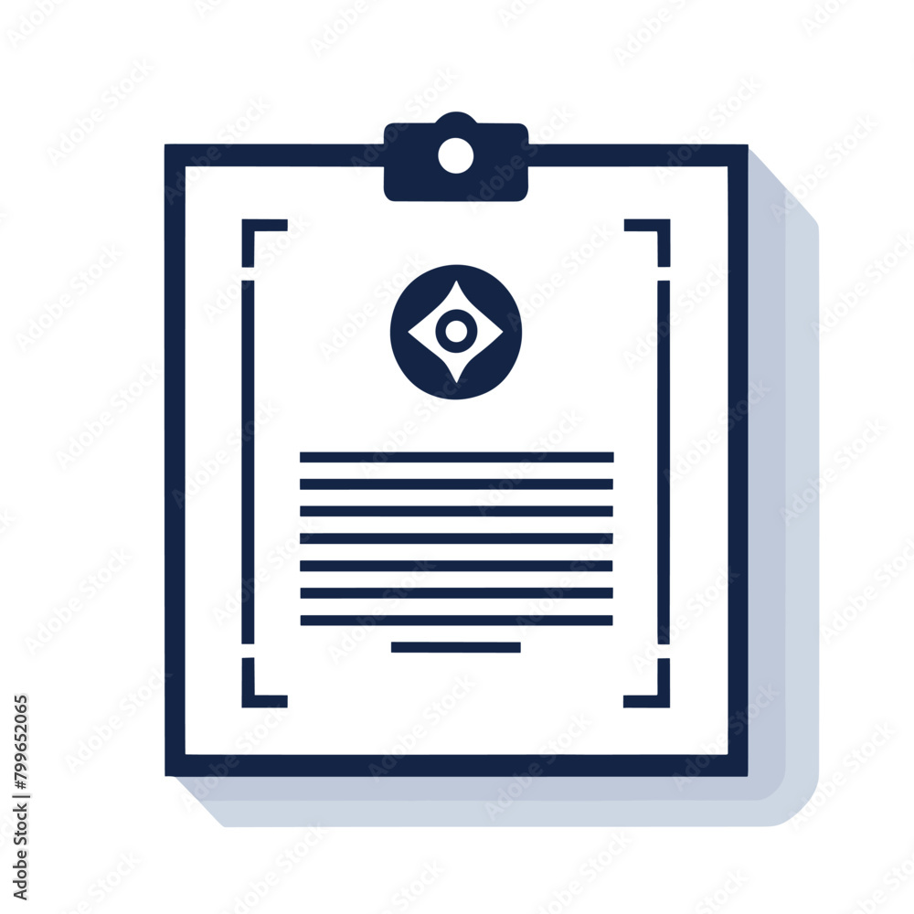 Poster illustration of a clipboard with a document displaying text and a logo on a clean, white background.