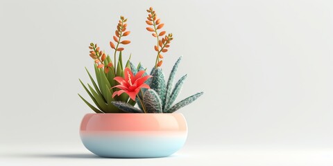 Flowers in a planter, 3D, aloe vera, childish style, on a white background