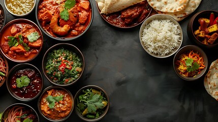 Assorted indian food on black background., Indian cuisine, Top view with copy space