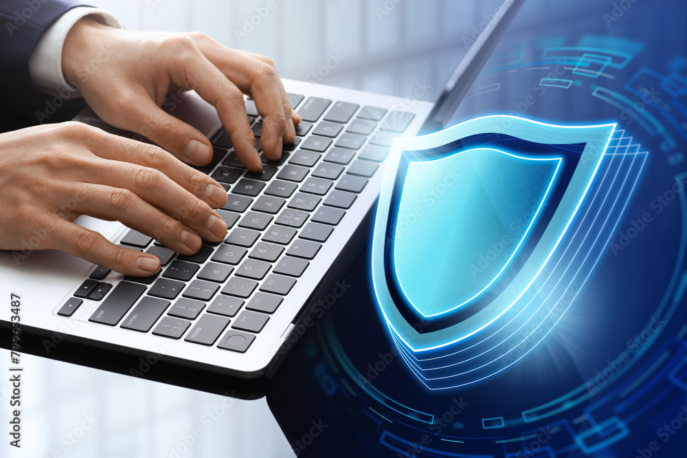 Poster Information security and cyber security. Security measures and secure system. Business man using laptop. Laptop and shield icon.
