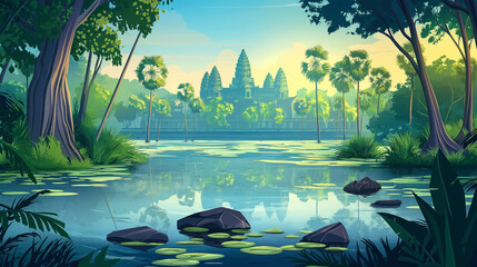Cartoon tropical jungle forest swamp or lake landscape of Angkor Wat, Illustration.