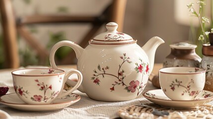 A set designed for a cozy tea time with a warm creamy glaze and handpainted floral patterns making one feel right at home while sipping their tea..