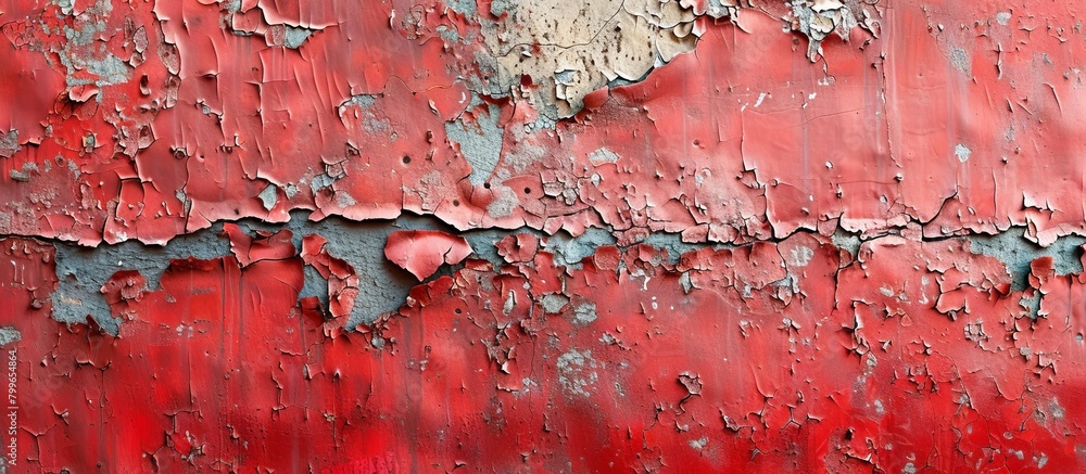 Poster close-up view of a weathered red wall surface showing signs of peeling paint and texture, adding a d