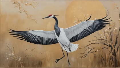 Fototapeta premium Artistic Harmony: Japanese Crane in Beige and Gold Tones