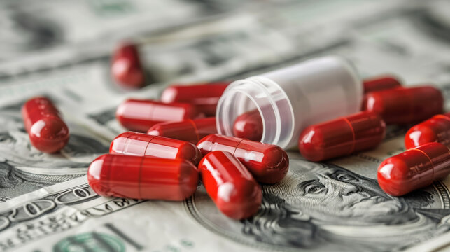 Pills prescription bottle pharmaceutical drug and medicine pills and US dollars High Cost of Medicine and Healthcare concept. - Powered by Adobe