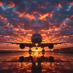 Majestic Airplane Soaring Through Vibrant Sunset Sky with Dramatic Lighting and Warm Hues