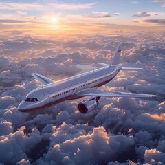 Fototapeta premium Majestic Wide Body Passenger Jet Cruising Serenely Across Atmospheric Dusky Sky with Tranquil
