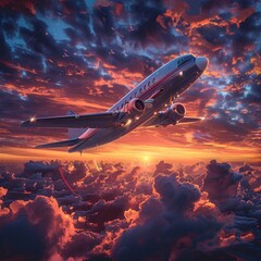 Passenger Jet Ascending into Vibrant Twilight Skies with Cinematic Presence and Technical Allure