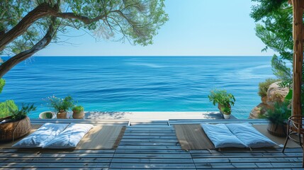 Seaside Serenity at Wooden Oceanfront Lounge. Tranquil oceanfront wooden deck with comfy cushions invites relaxation by the sea, under the shade of verdant trees.