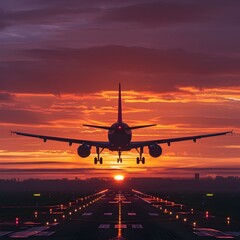 Silhouetted Passenger Plane Soaring Through Vibrant Sunset Skies