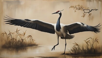 Fototapeta premium Japandi Style Oil Painting: The Elegance of a Japanese Crane