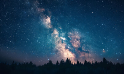Cosmic Night Sky and Foerst Background with Glowing Nebula Clouds and Shimmering Stars Backdrop Wallpaper