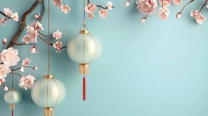 a simple chinese new year blue background with three red lanterns aspect ratio 2:1 