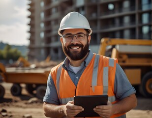Successful Bearded Civil Engineer Wearing Protective Goggles And Smiling At Camera On Construction Site on a Sunny Day While Heavy Machinery Working. Man Holding Tablet, Wearing Hard Hat, Safety Vest.