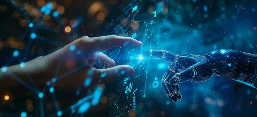 A human hand and robot finger touch each other, with digital data flowing between them in the background represents machine learning technology and artificial intelligence concepts 