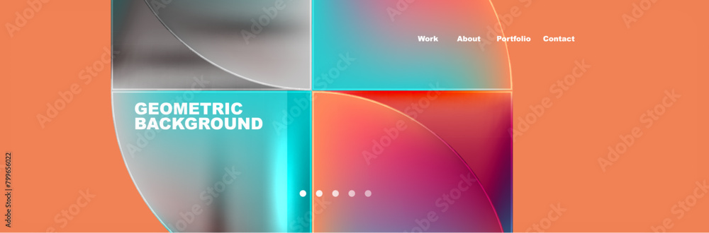 Poster vibrant geometric shapes of squares and circles in shades of azure, magenta, and aqua on a fluid ora