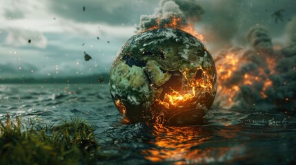 Global warming images, Show that the earth is sinking into the sea and a part of the earth is burning and the animals, humans, plants, and grass on top of the earth are sinking.