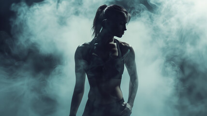 Fototapeta na wymiar gym bodybulder strong woman with flat belly in fog. dramatic action cinematic scene --ar 16:9 --style raw Job ID: c502f0af-4eae-4cd5-847a-24adf8a08382