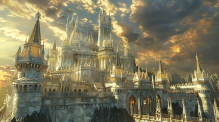 Obraz premium A magnificent castle stands tall and proud its walls made of a shimmering silver metal. As the sun sets the castle begins to transform . .