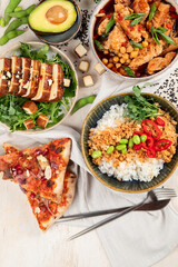 Various of fried soy meat dishes.