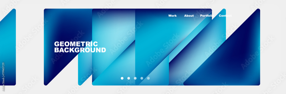 Poster The electric blue background is filled with geometric shapes like rectangles, triangles, and parallel lines in shades of azure and aqua. The display device showcases a modern gadget with a sleek font