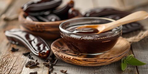 A close shot of Carob molasses in a glass bowl with a clean studio white backdrop and big space for text or product advertisement, Generative AI. - obrazy, fototapety, plakaty