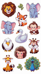 a collection cartoon stickers drawing of a lion and more animals
