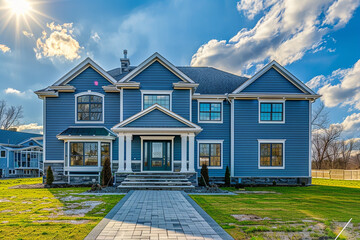 Ground-level shot looking towards the grand entrance of a slate blue house with siding, set on a large suburban lot, under a bright sky.