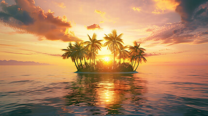 A beautiful island with palm trees and a sunset in the background. The sky is filled with birds and the water is calm