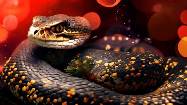 Red and black background with snake in foreground as a symbol of Christmas and 2025 with blurred bulbs in background